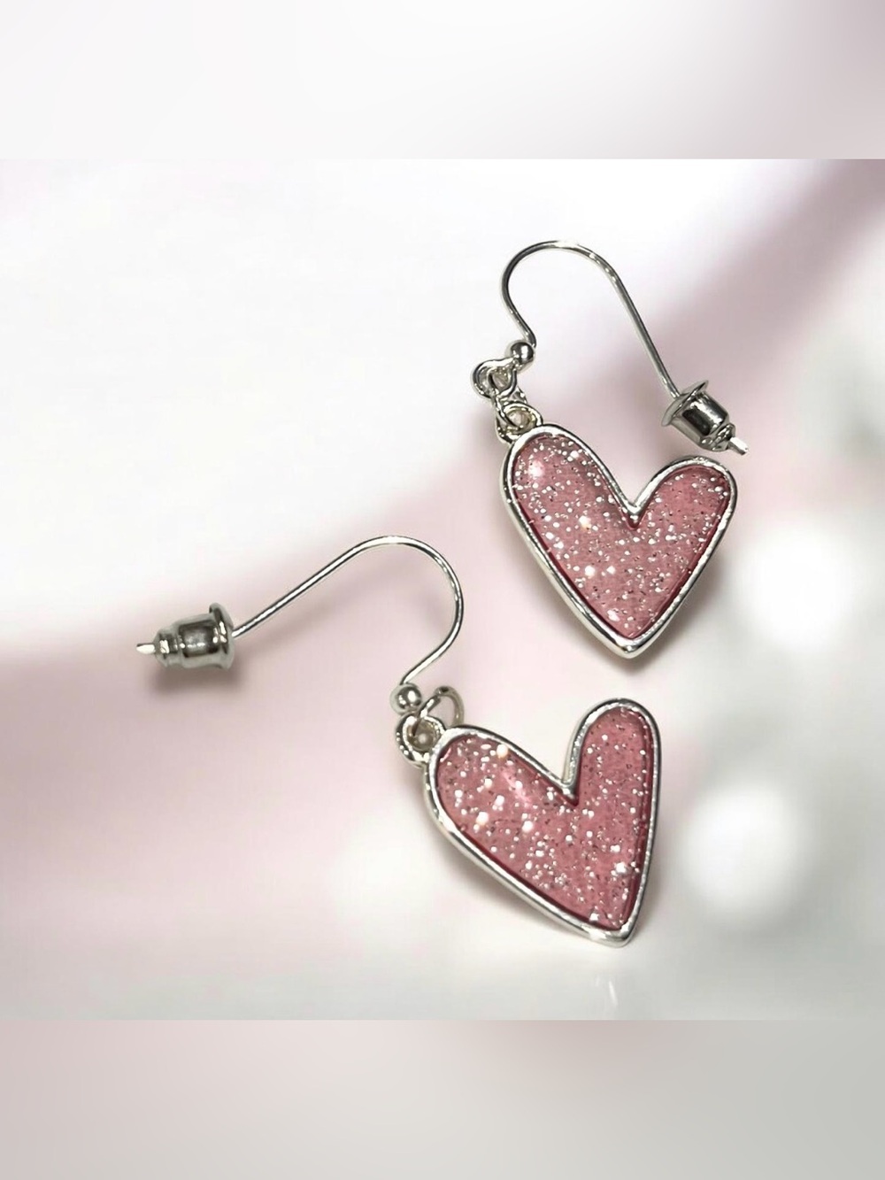 Sparkling Heart Earrings in Translucent Pink and Silver